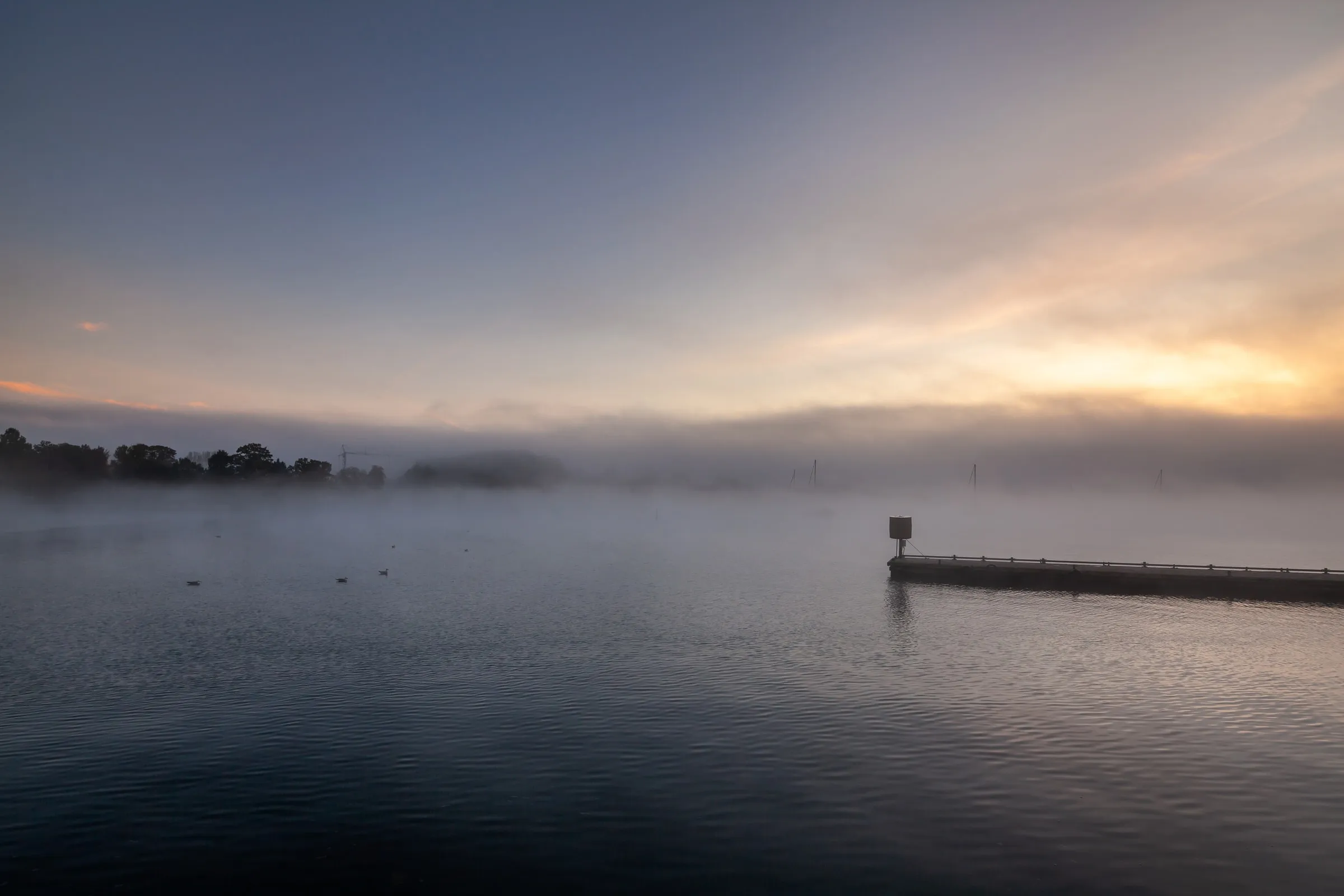 Morgens liegt die Bucht im Nebel, ein Steg im stillen Wasser