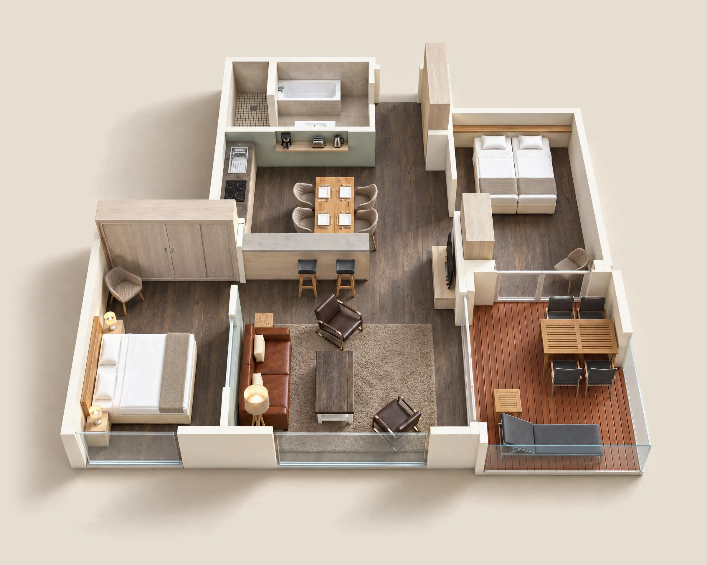 Die Wohnung von oben als Modell: Wohnraum mit offener Küche, zwei Schlafzimmer, Bad und die Loggia mit Tisch und Liege